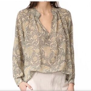 Vince Silk Long Sleeve Split V Neck Blouse Tan Grey XS